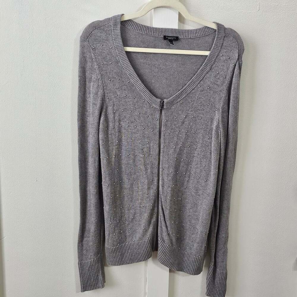 Talbots Womens M Gray Studded Full Zip Cardigan Sweater Y2K Embellished